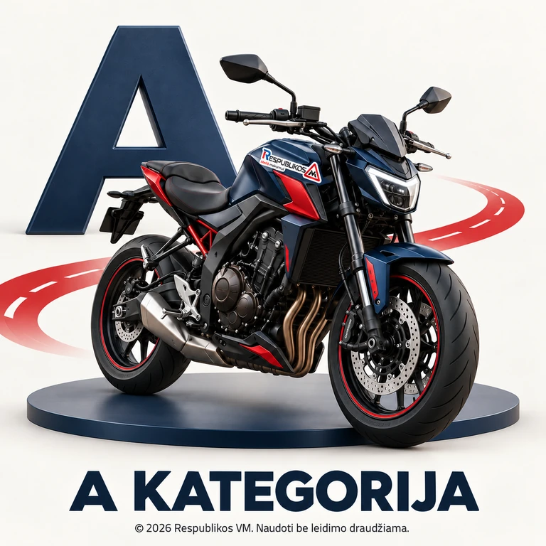 Motociklų vairavimo mokymas – Respublikos VM A kategorijos motociklas su Respublikos VM logotipu ant bako ir autorystės užrašu apačioje.