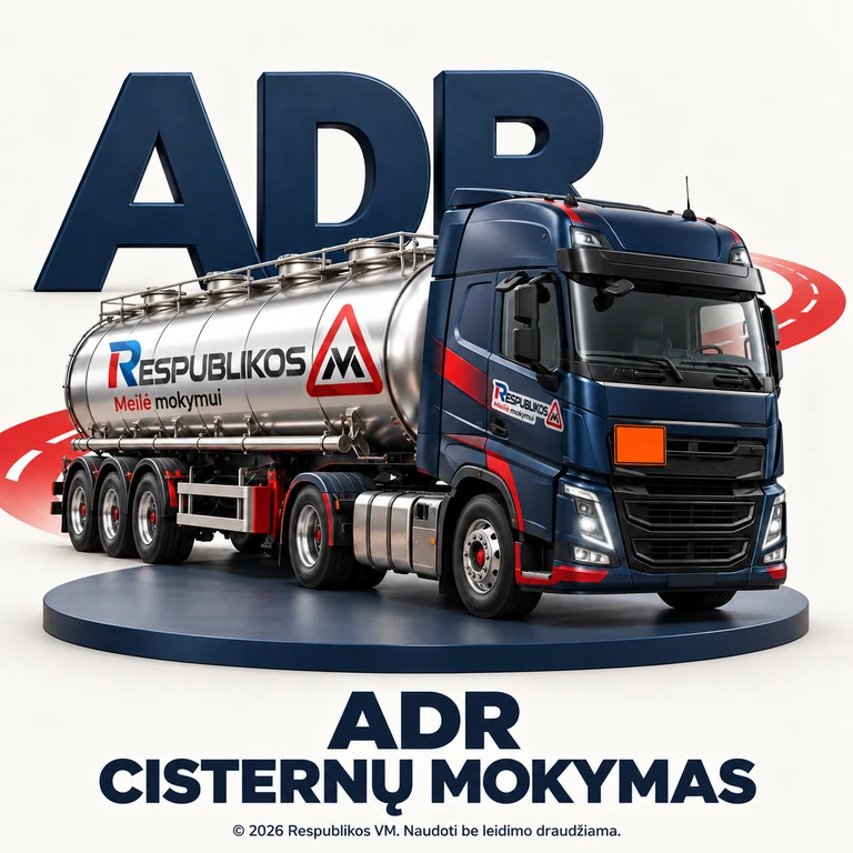 ADR mokymas vežti cisternomis – Respublikos VM ADR cisternų mokymas – vilkikas su cilindrine cisterna ir oranžine lentele. Ant transporto pritaikytas Respublikos VM logotipas.