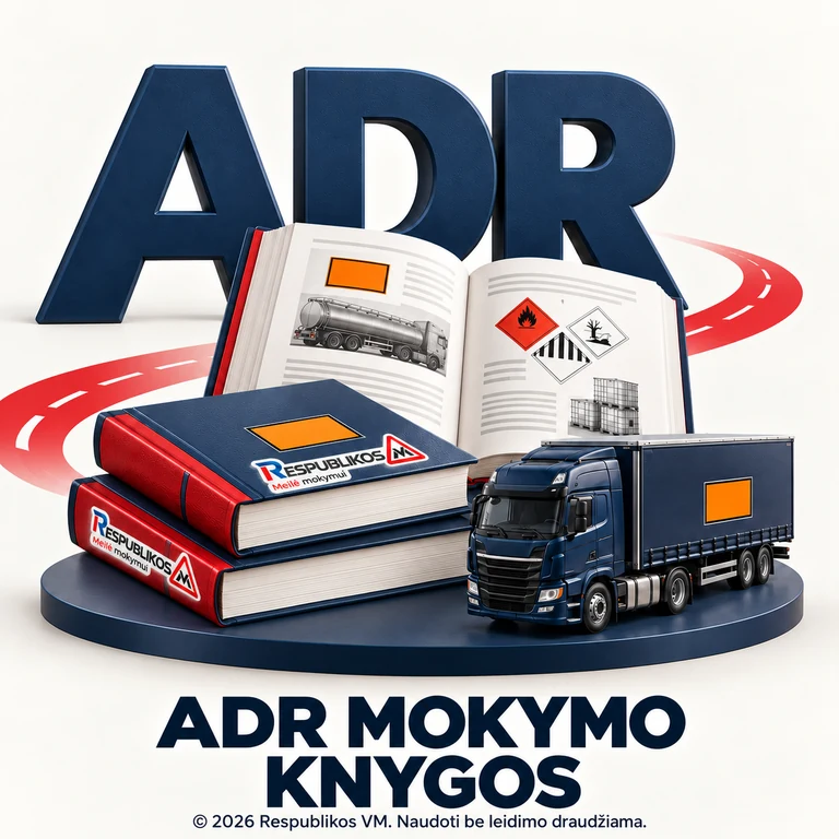ADR mokymo knygos – Respublikos VM ADR mokymo knygos – knygų viršeliai su Respublikos VM ženklais, pavojaus piktogramos ir krovininio automobilio modelis.