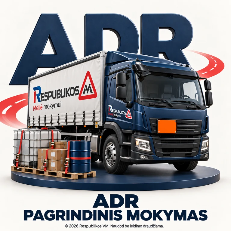Pagrindinis ADR vairuotojų mokymas – Respublikos VM Pagrindinis ADR mokymas – sunkvežimis su oranžine lentele ir saugiai supakuoti kroviniai. Ant transporto pritaikytas Respublikos VM logotipas.