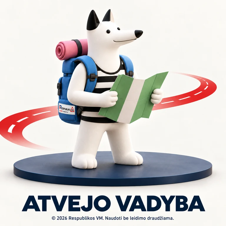 Atvejo vadyba – Respublikos VM Atvejo vadyba – baltas ilgasnukutis šuniukas su žemėlapiu ir mėlyna kuprine, pažymėta maža Respublikos VM emblema.
