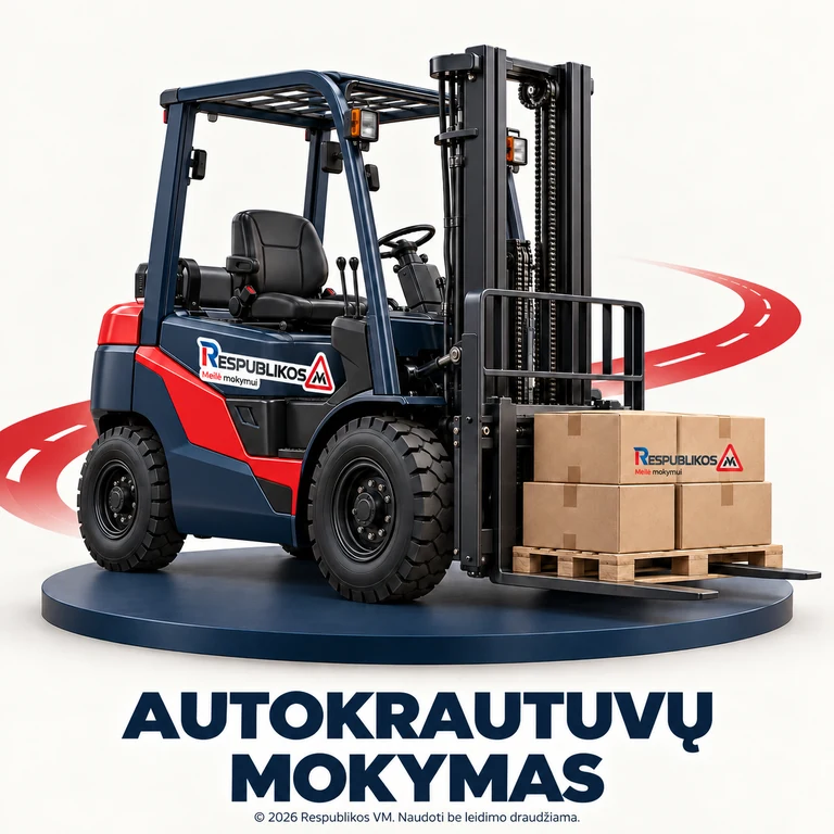 Autokrautuvų mokymas – Respublikos VM Autokrautuvų mokymas – žemai padėklą laikantis šakinis autokrautuvas. Ant transporto pritaikytas Respublikos VM logotipas.