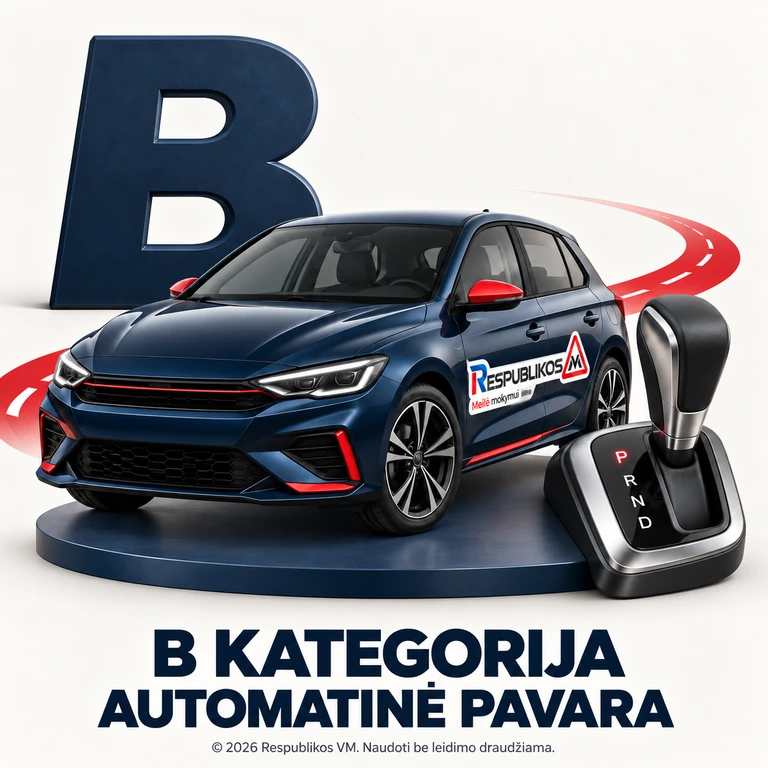 B kategorija su automatine pavarų dėže – Respublikos VM Automatinės pavaros B kategorijos automobilis su Respublikos VM logotipu ant šono ir autorystės užrašu.