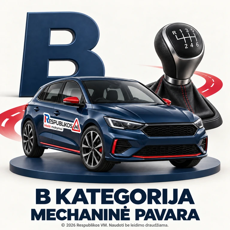 B kategorija su mechanine pavarų dėže – Respublikos VM Mechaninės pavaros B kategorijos mokomasis automobilis su Respublikos VM logotipu ant šono ir autorystės užrašu.