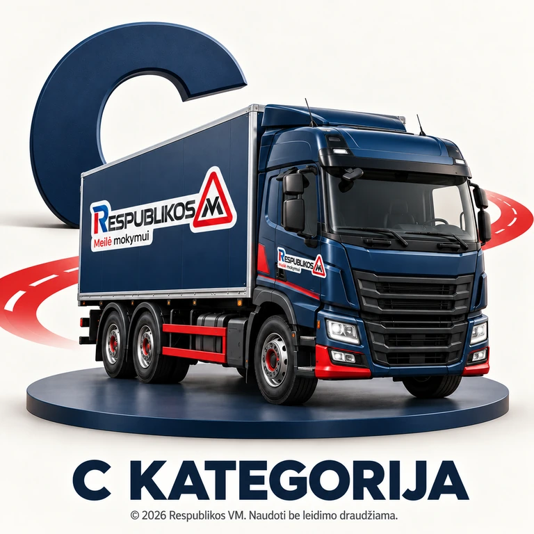 C kategorijos vairavimo kursai – Respublikos VM C kategorijos mokomasis sunkvežimis su Respublikos VM logotipais ant kabinos ir krovinių kėbulo bei autorystės užrašu.