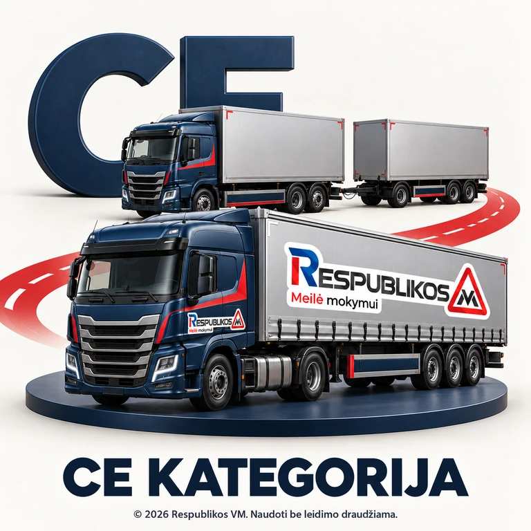 CE kategorijos vairavimo mokymas – Respublikos VM CE kategorijos sunkvežimis su priekaba ir vilkikas su puspriekabe; Respublikos VM ženklai ant priekinio junginio kabinos ir puspriekabės.
