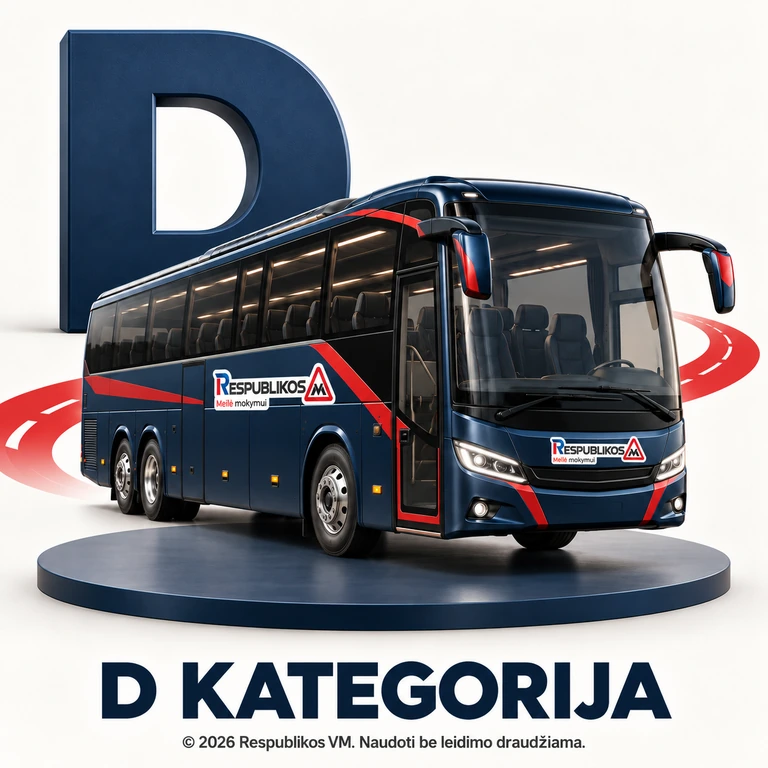 D kategorijos vairavimo kursai – Respublikos VM D kategorijos mokomasis autobusas su Respublikos VM logotipais ant šono ir priekinės dalies bei autorystės užrašu.