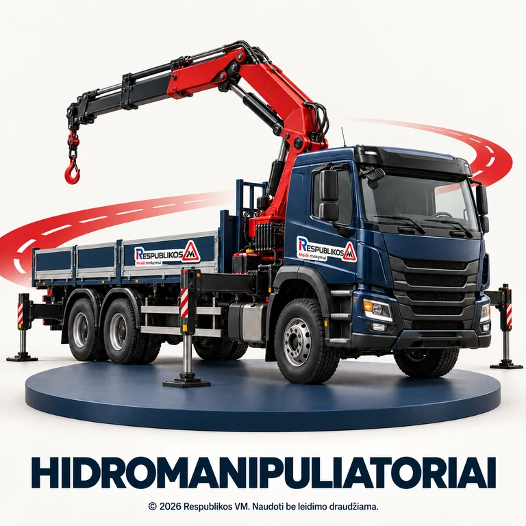 Hidromanipuliatoriaus mokymas – Respublikos VM Hidromanipuliatorių mokymas – krovininis automobilis su atramomis, kranu ir Respublikos VM ženklais.