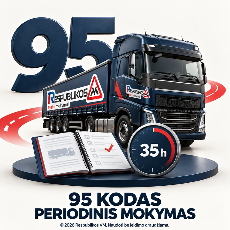 Periodinis 95 kodo mokymas – Respublikos VM 95 kodo periodinis mokymas – sunkvežimis, mokymo užrašai ir 35 valandų simbolis. Ant transporto pritaikytas Respublikos VM logotipas.