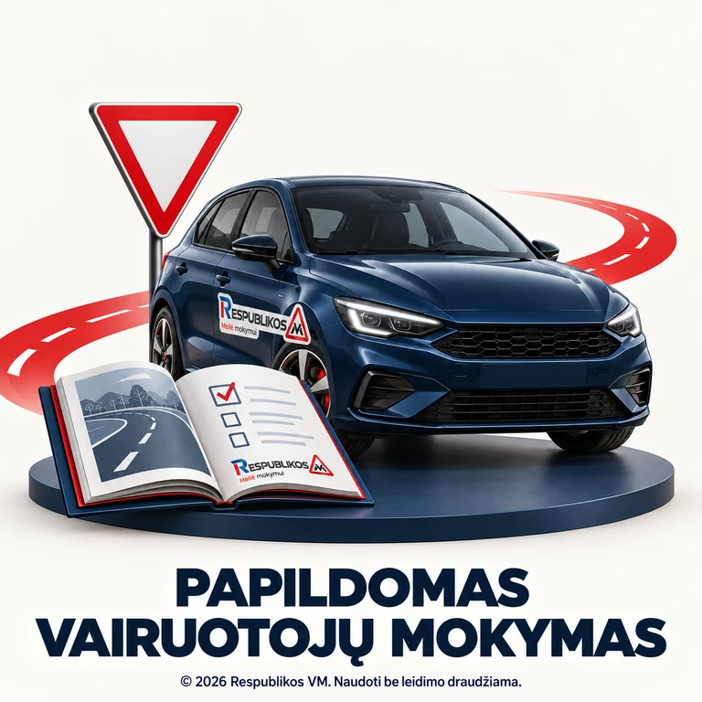 Papildomas vairuotojų mokymas – Respublikos VM Papildomas vairuotojų mokymas – automobilis, kelio ženklas ir atversta mokymo knyga su Respublikos VM ženklais.
