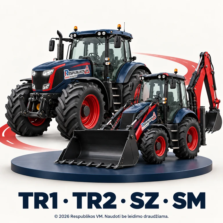 TR1, TR2, SZ ir SM traktorininkų mokymas – Respublikos VM TR1, TR2, SZ ir SM mokymas – traktorius ir ekskavatorinis krautuvas. Ant transporto pritaikytas Respublikos VM logotipas.