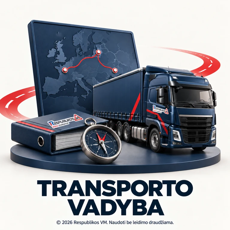 Transporto vadybininkų mokymas – Respublikos VM Transporto vadybos mokymas – Europos maršrutų žemėlapis, sunkvežimis, užrašų segtuvas ir kompasas su Respublikos VM ženklais.
